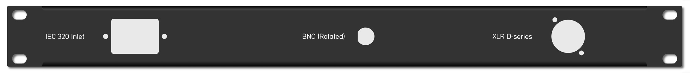 Penn Elcom cutout examples: a rectangular IEC 320 inlet, a rotated BNC hole, and an XLR D-series cutout with mounting holes.