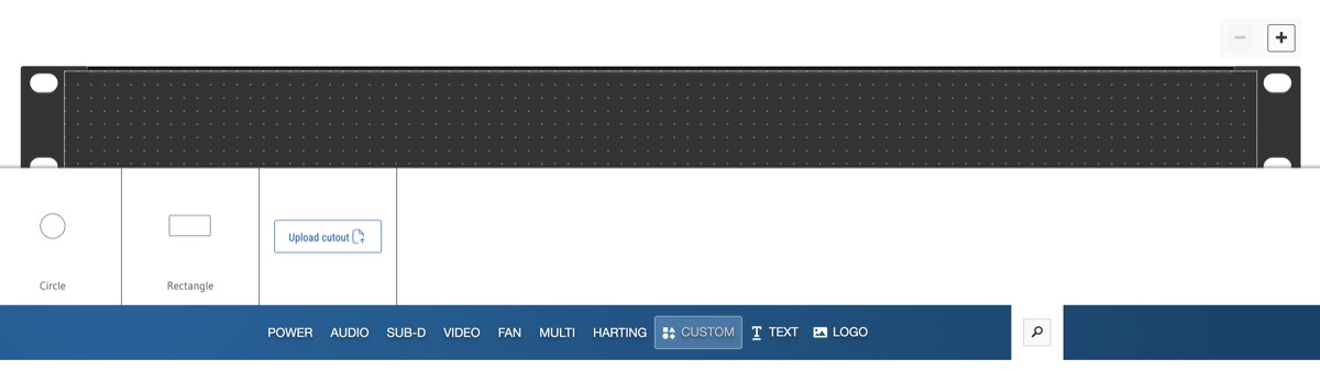 Penn Elcom Panel Designer with the Custom section selected and the Circle option visible.