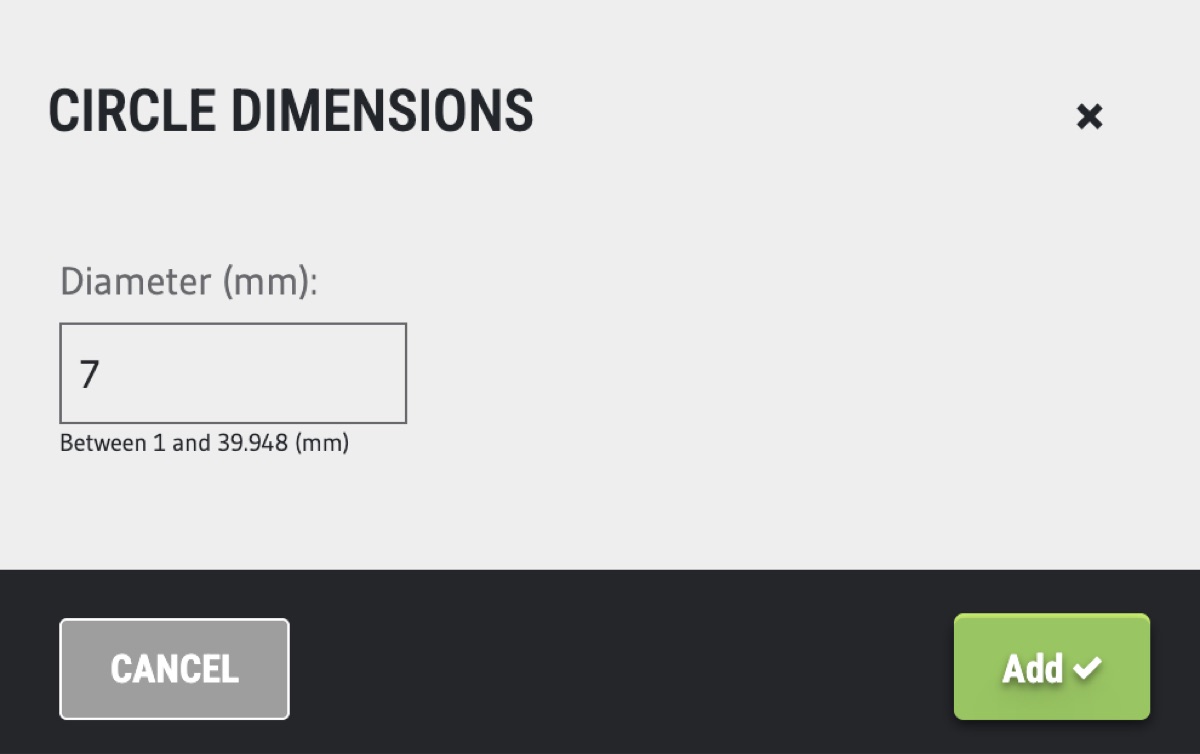 Circle Dimensions dialog with the diameter set to 7 millimeters.